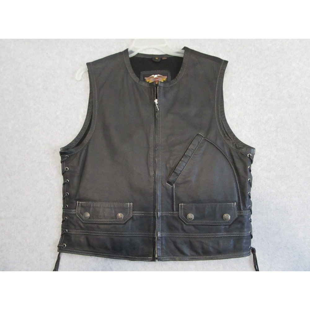 Harley-Davidson Leather Vest Mens Medium M Black Biker Lace Up Eagle Logo‎ Gilet